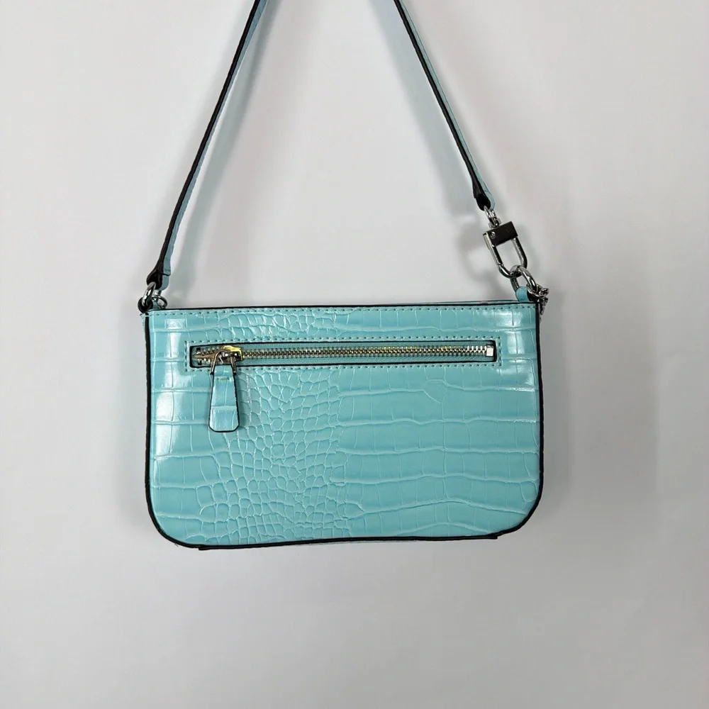 Guess Y2K Light Blue Croc Embossed Shoulder Bag Chain Mini Baguette Purse - Picture 6 of 8